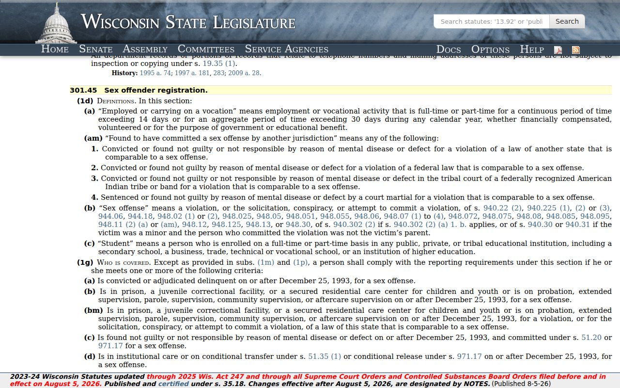 Wisconsin law governing Grant County sex offender registration duties