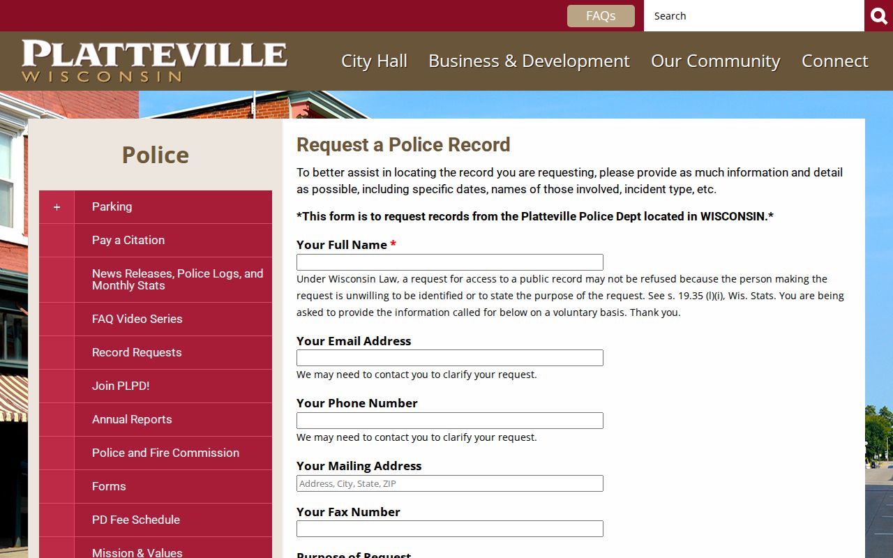 Platteville criminal record request webform