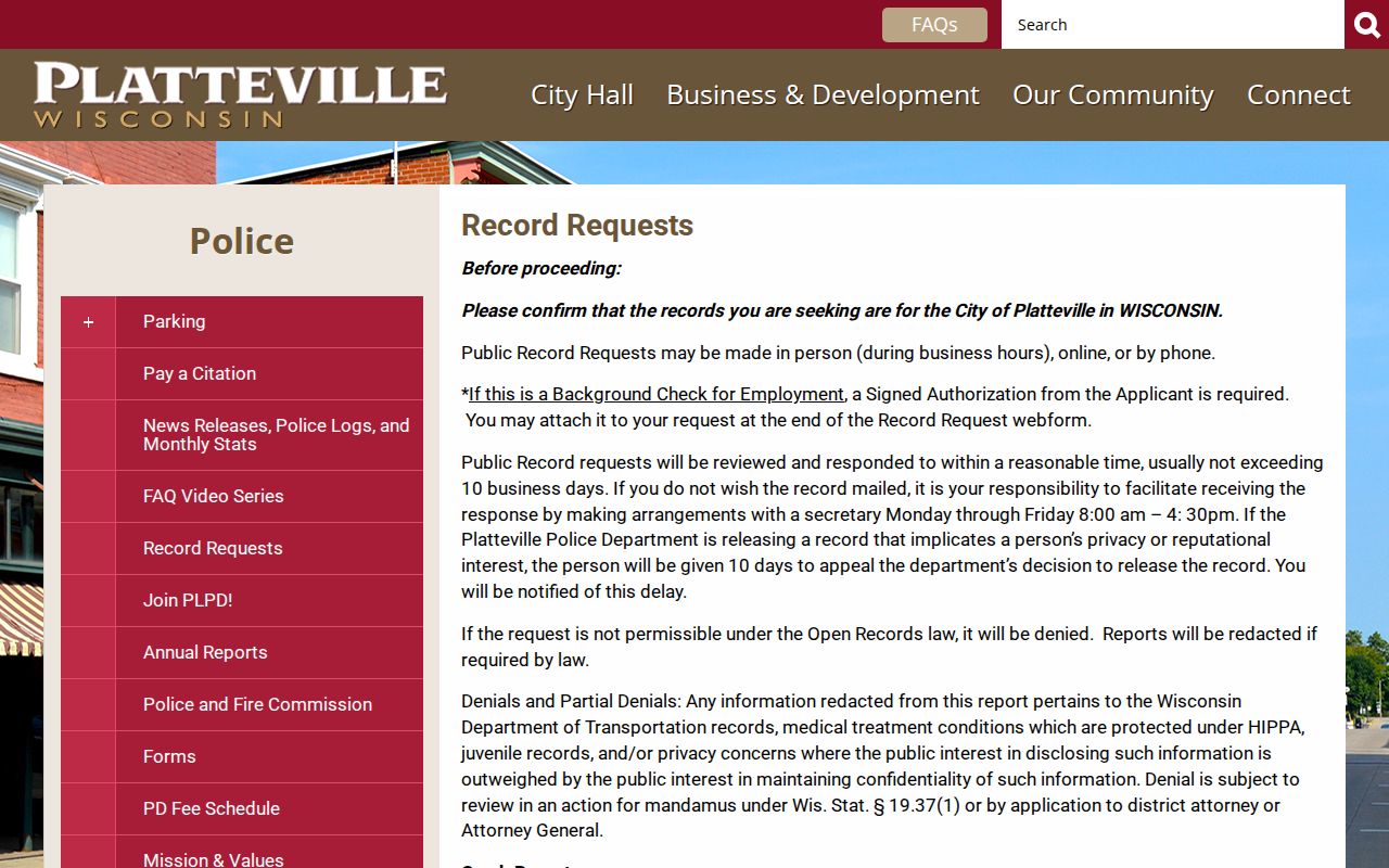 Platteville criminal record request instructions from the police department